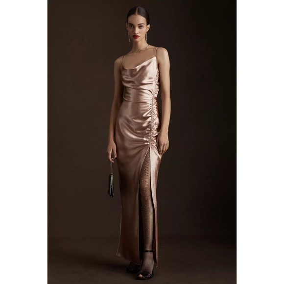 EVENING DRESS BHLDN S JENNINGS LIQUID GOLD BRONZE SACHIN BABI SLIT NWT  SIZE 2 - Picture 2 of 16